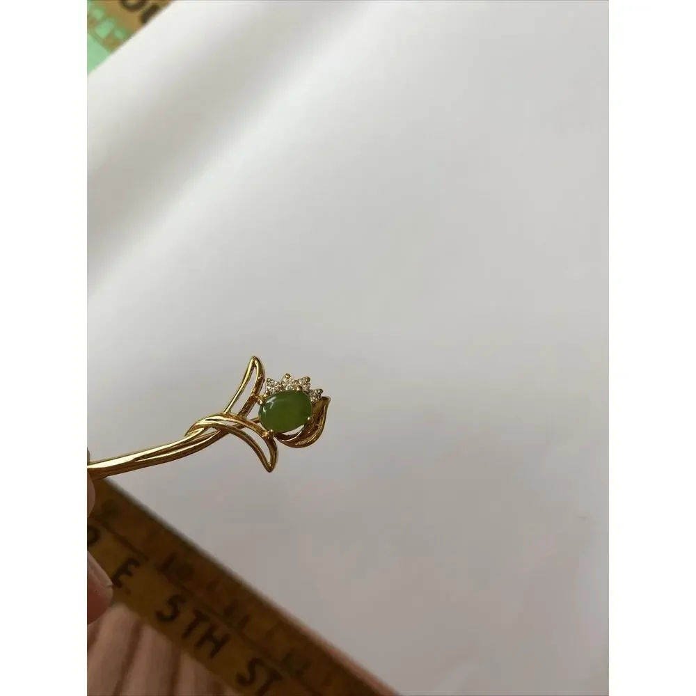 Vintage Gold Tone Pronged Jade Faux‎ Diamonds Brooch Green Flower Pin
